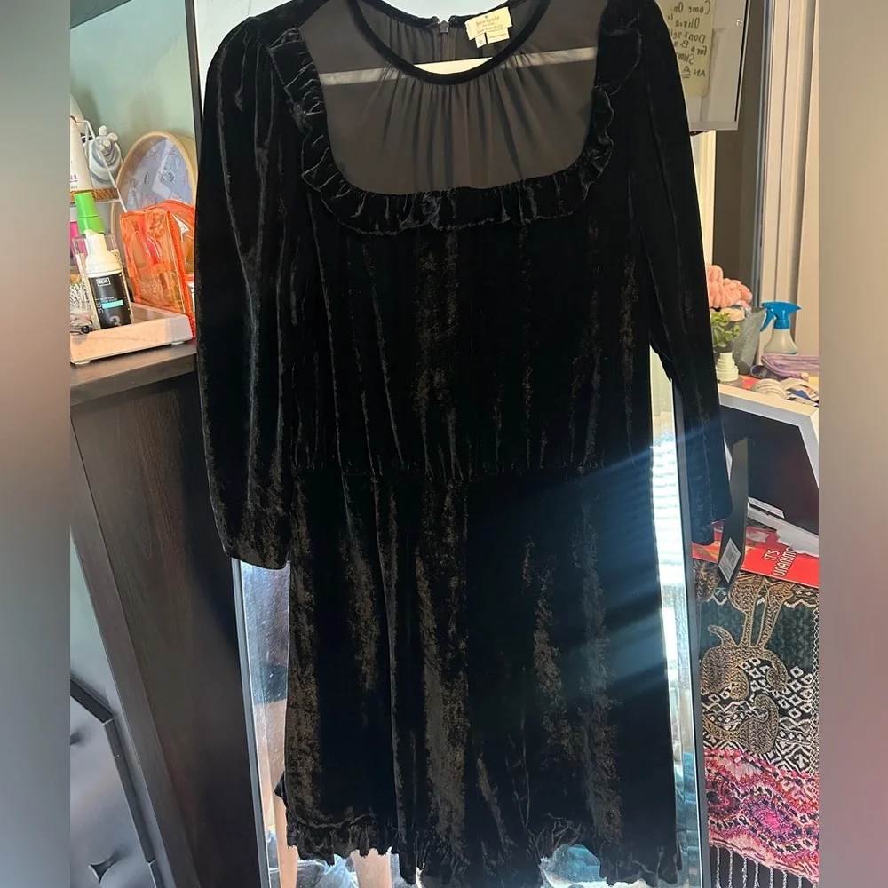 Kate Spade New York Black Sheer Panel Ruffle Trim Velvet Romper (missing belt)
